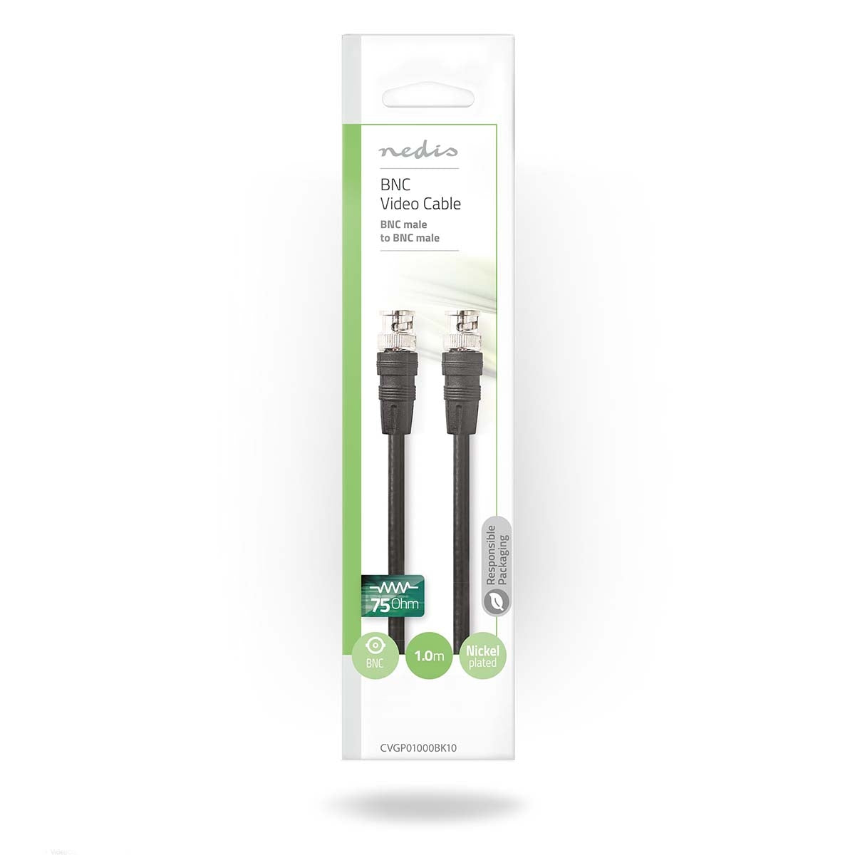 BNC video cable | BNC Male | BNC Male | Nickel plated | 75 Ohm | 1.00 m | Round | PVC | Black | Plastic bag