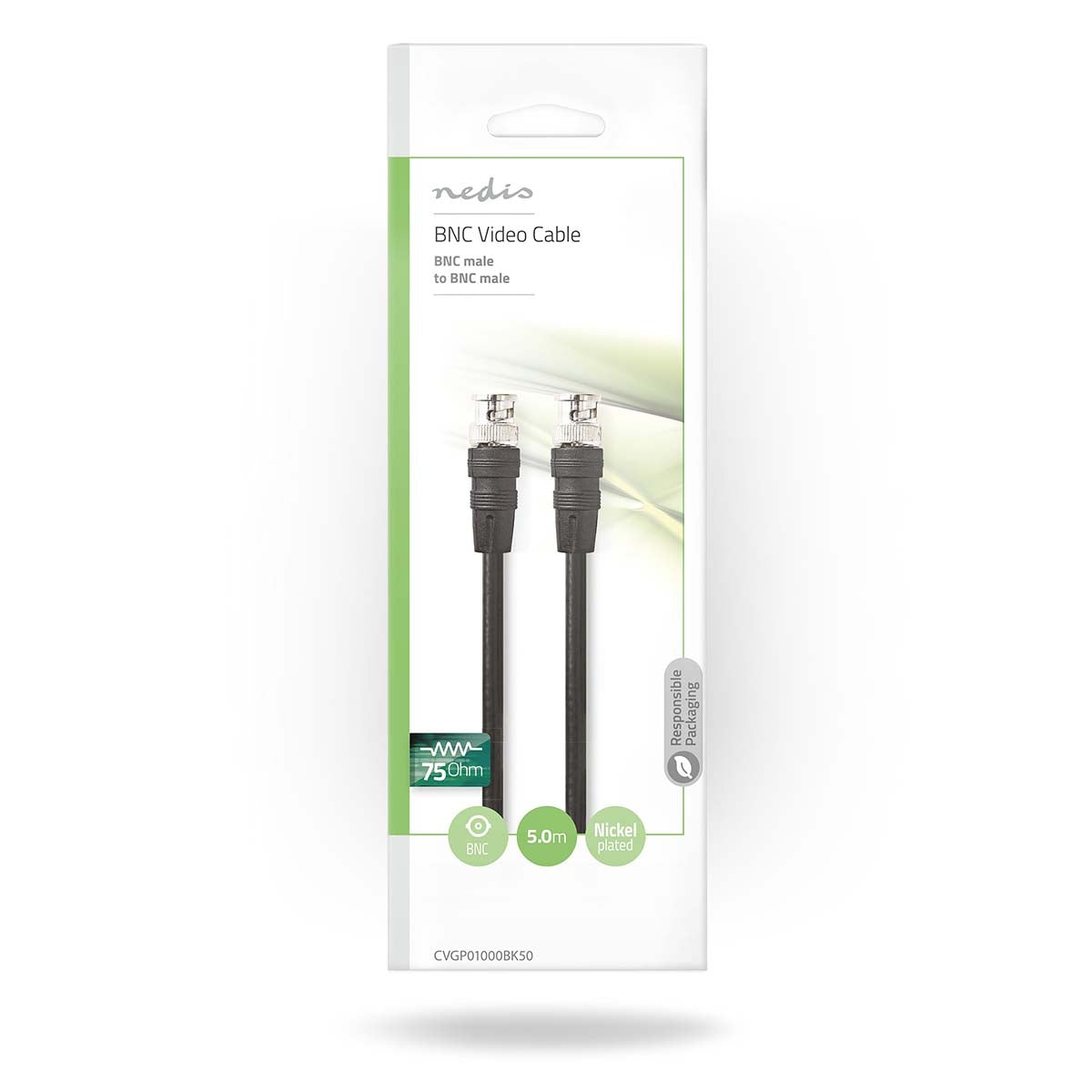 BNC video cable | BNC Male | BNC Male | Nickel plated | 75 Ohm | 5.00 m | Round | PVC | Black | Envelope