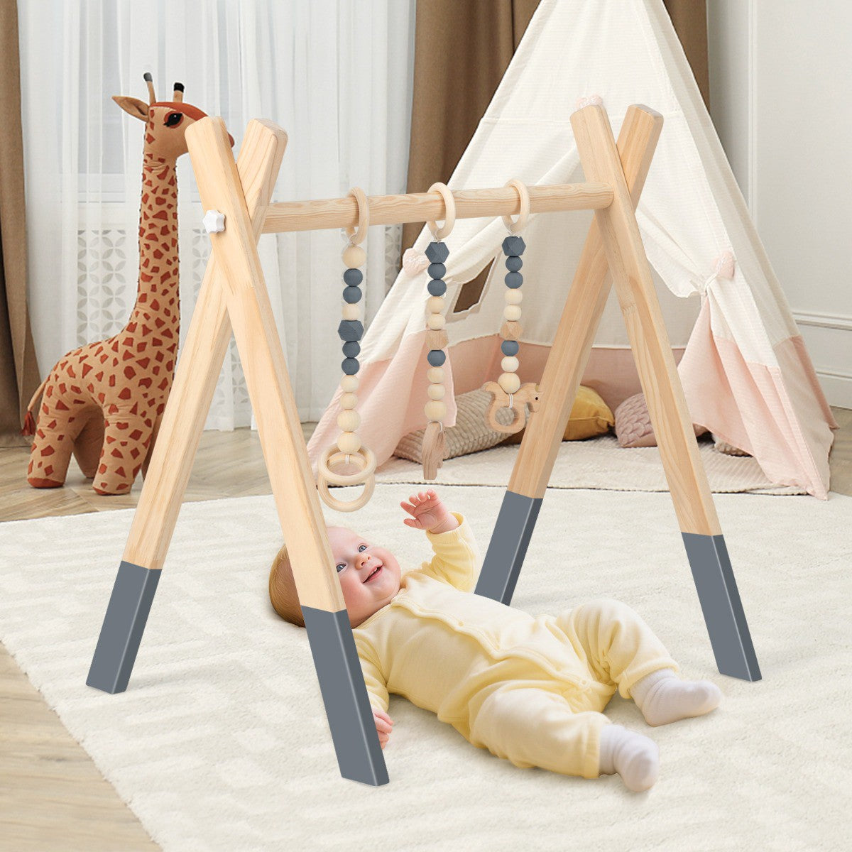Baby Activity Gym, Foldable Wooden Play Gym With 3 Toys