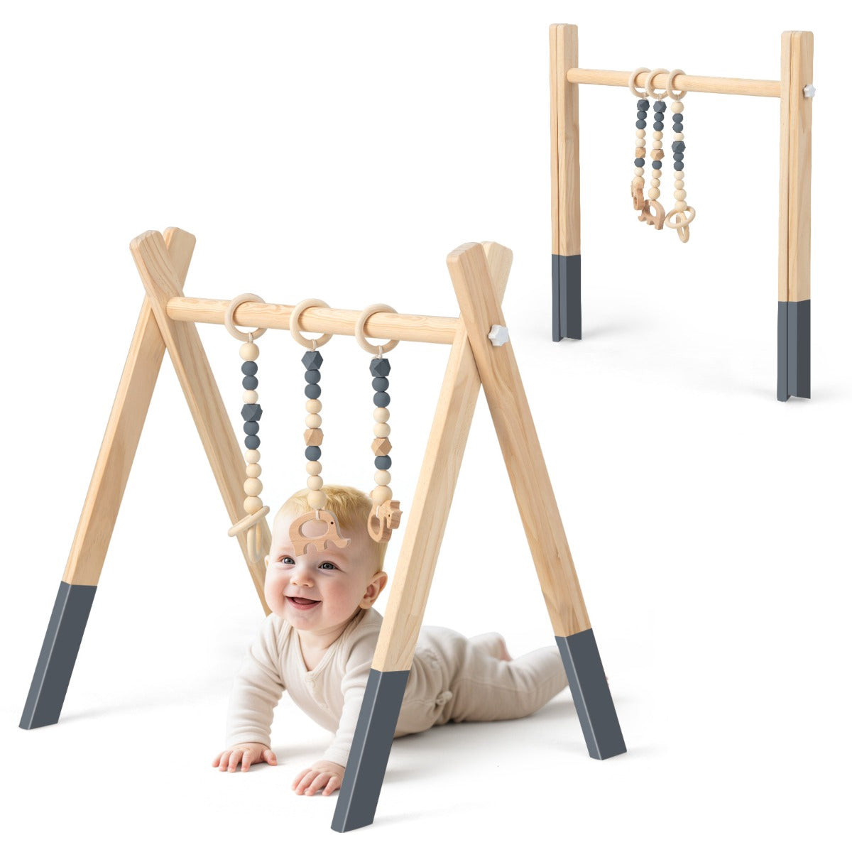 Baby Activity Gym, Foldable Wooden Play Gym With 3 Toys
