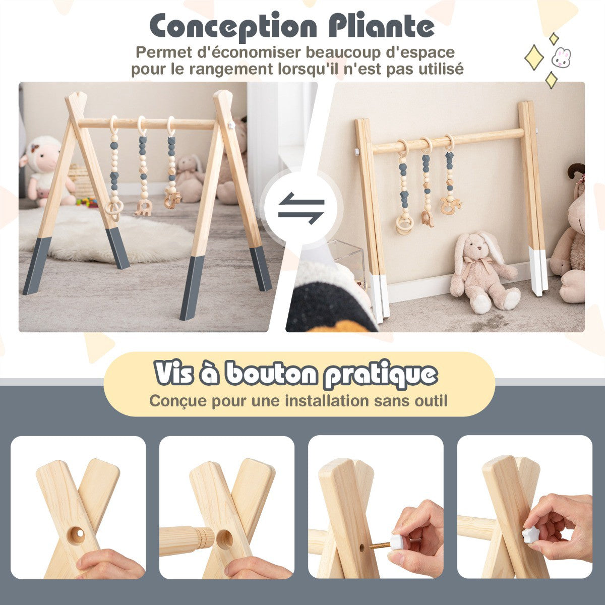 Baby Activity Gym, Foldable Wooden Play Gym With 3 Toys