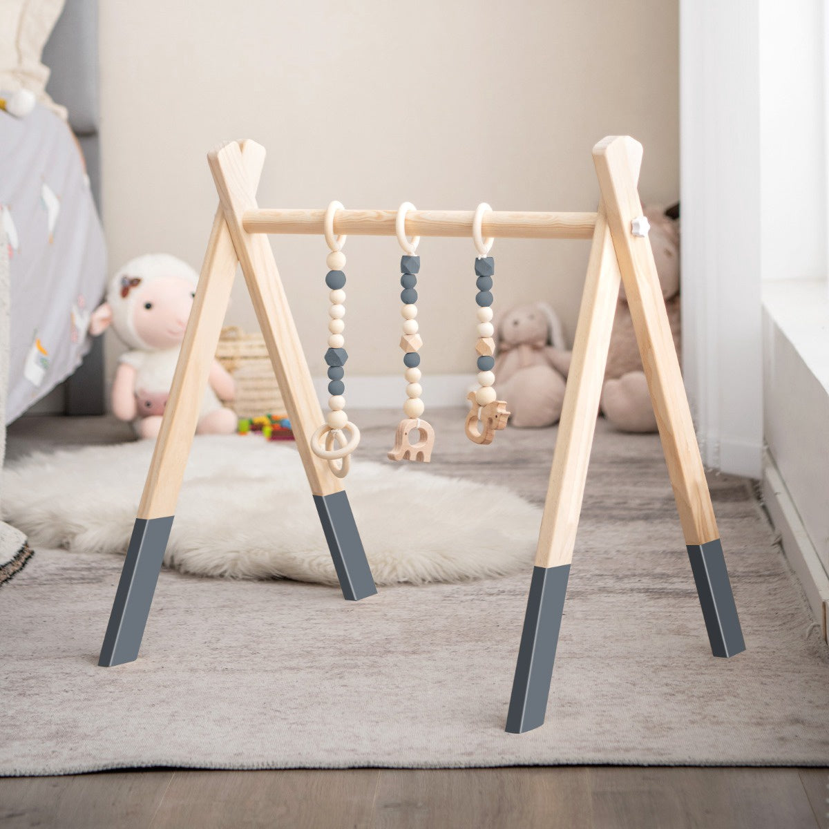 Baby Activity Gym, Foldable Wooden Play Gym With 3 Toys