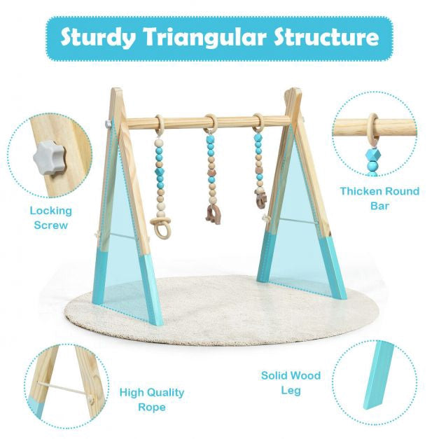 Baby Activity Gym, Wooden Foldable Frame, 3 Hanging Toys – Blue