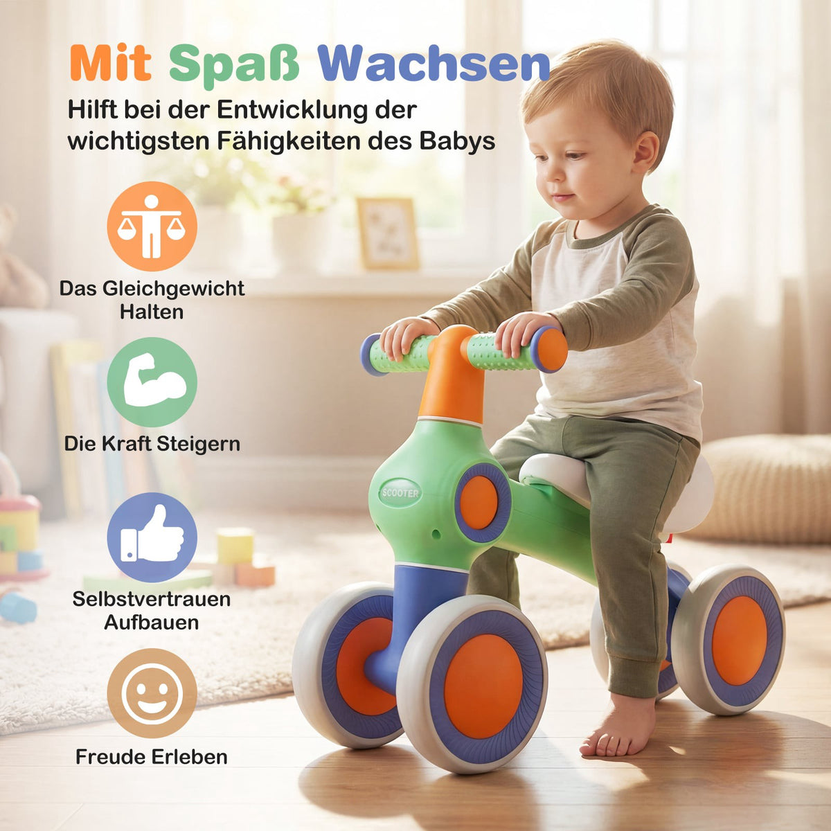 Baby Balance Bike – Adjustable Seat, 4 Silent Wheels, Green