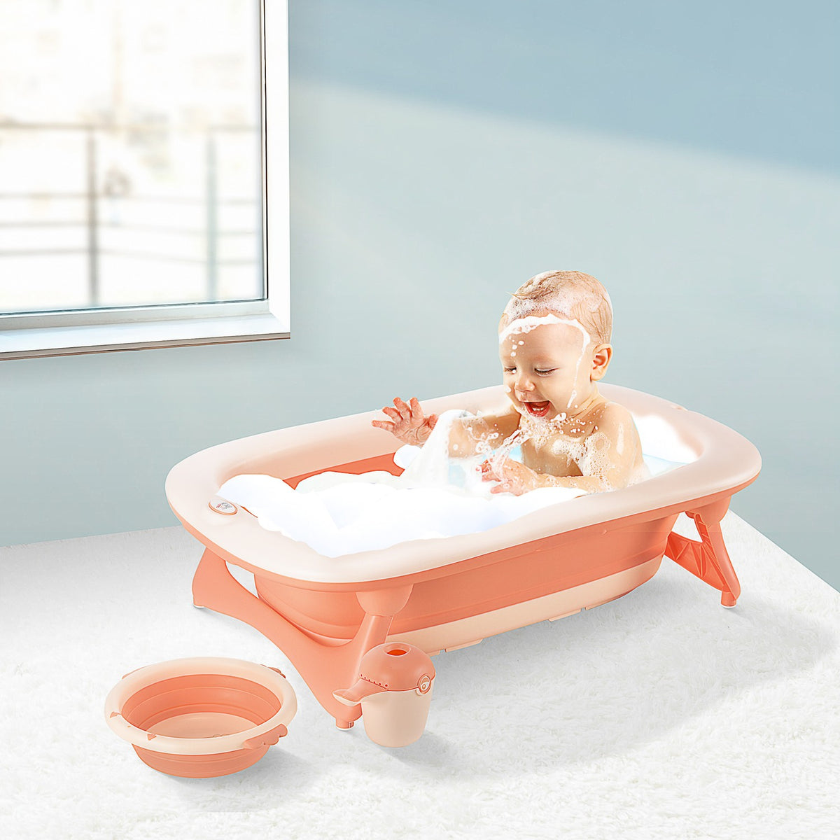 Baby Bathtub With Sink And Shampoo Cup, Foldable Baby Bath Tub, Bathtub For Baby, Plastic, Rose, 84.5 X 50.5 X 24 Cm