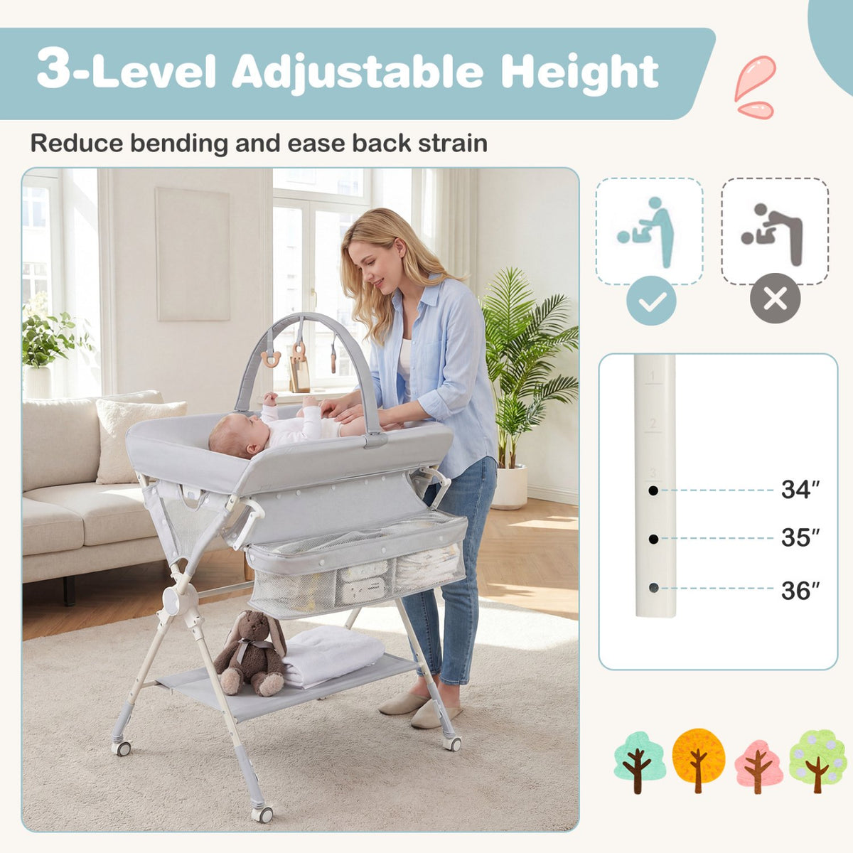 Baby Changing Table, Foldable Height Adjustable, Grey