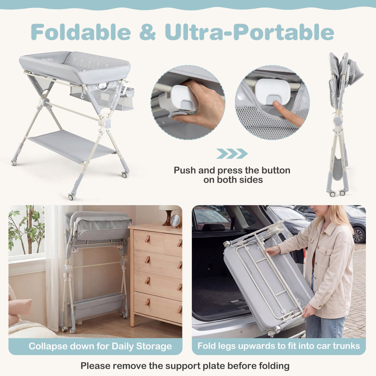 Baby Changing Table, Foldable Height Adjustable, Grey