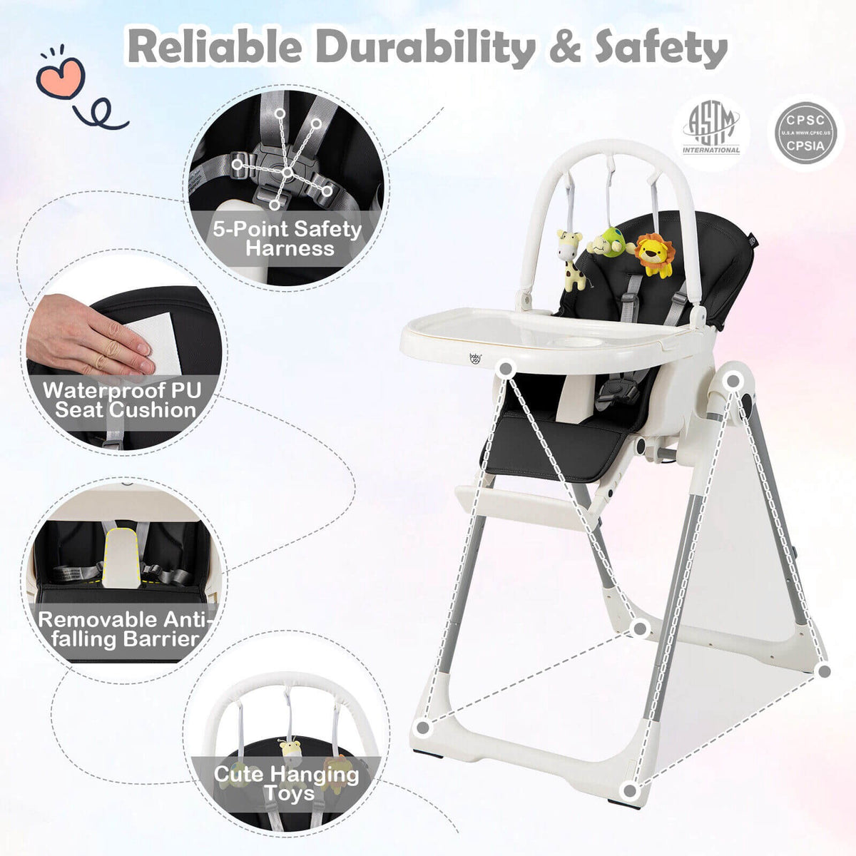 Baby High Chair, 4-in-1 Foldable, 7 Height Levels, Toy Bar
