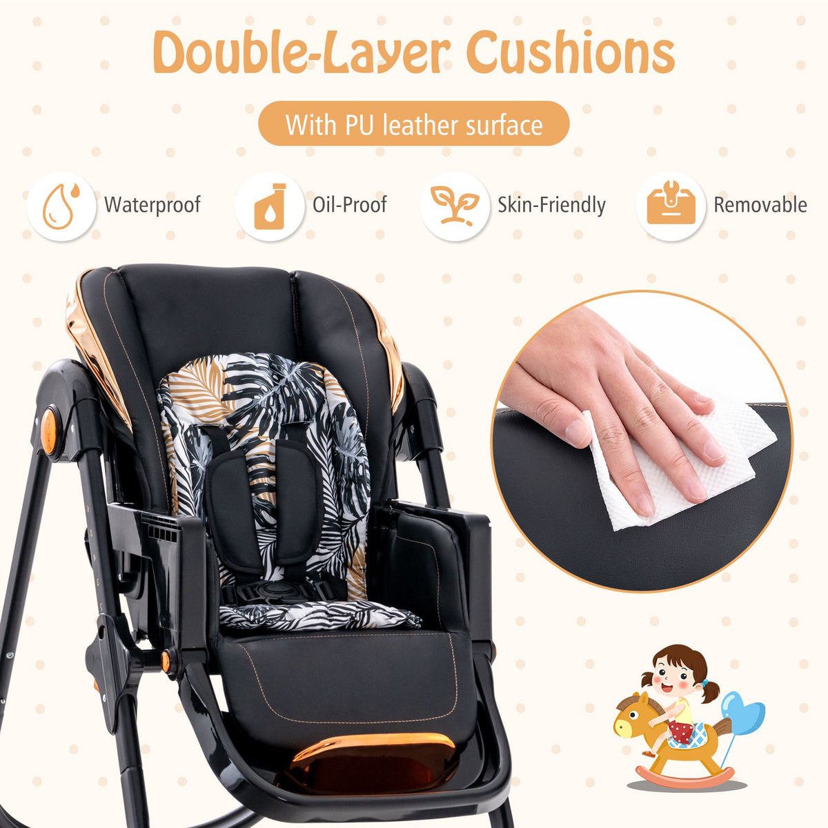 Baby High Chair, Foldable Recline, Wheels, Double Tray
