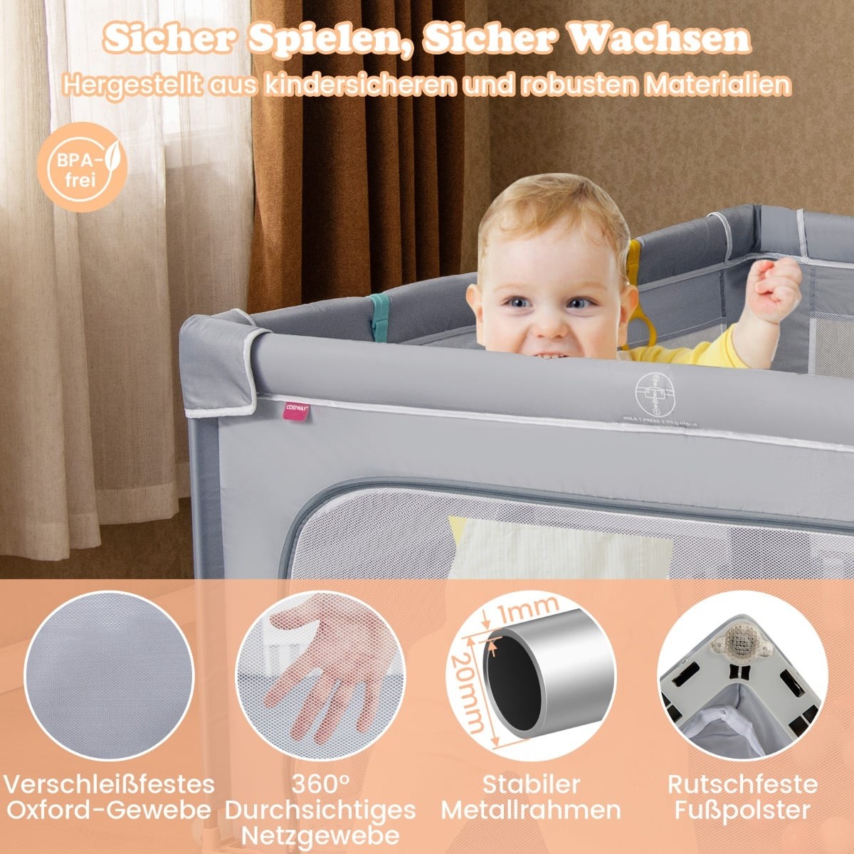 Baby Playpen, 127x127 cm, Foldable with Zipper Door