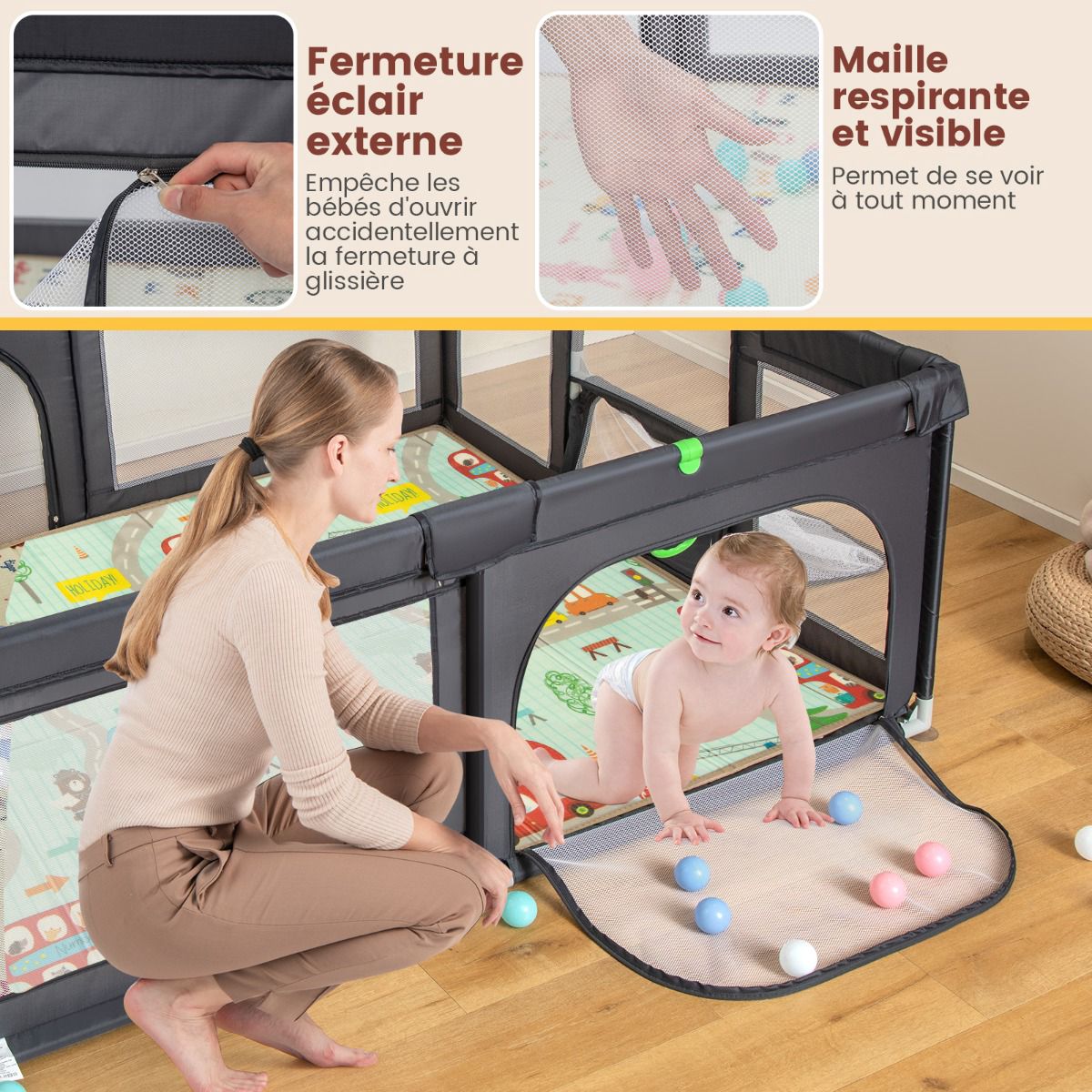 Baby Playpen 188 x 157 cm, Mat, Hoop, 50 Balls