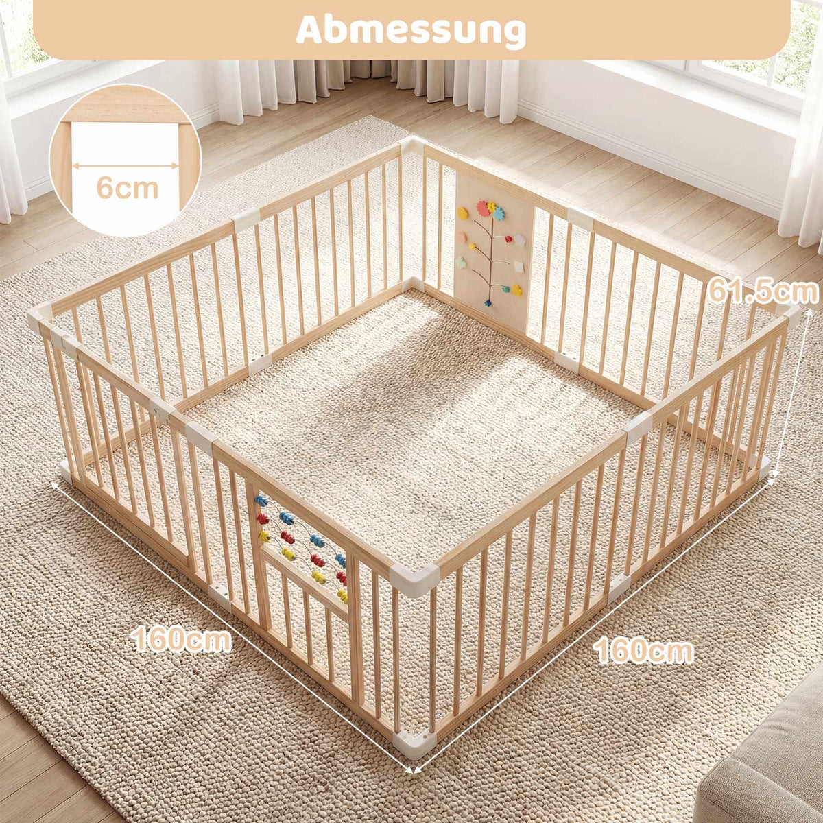 Baby Playpen, Pine Wood, 8 Panels, 160 x 160 cm, Foldable