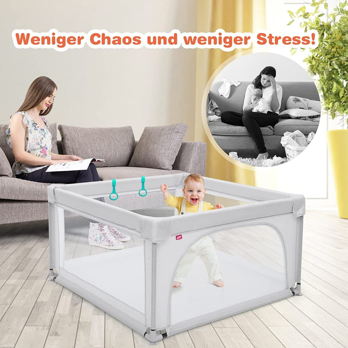 Baby Playpen Portable Playpen with Safety Gates 120 x 120 x 68 cm Gray