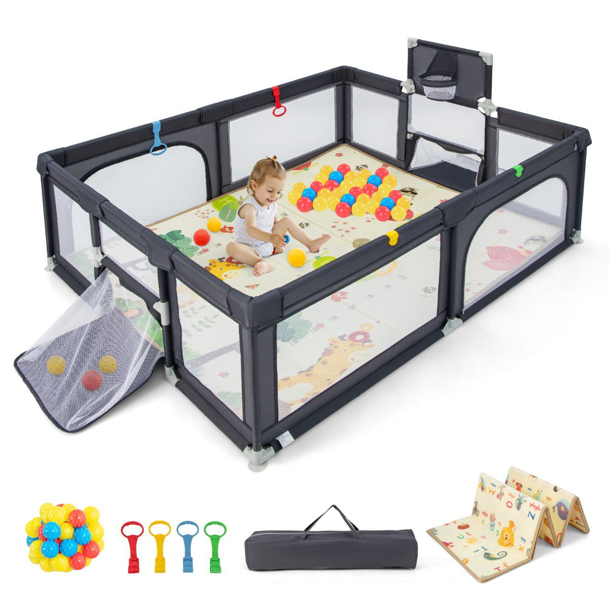 Baby Playpen With Mat and 50 Balls, 81 x 57 in, Gray