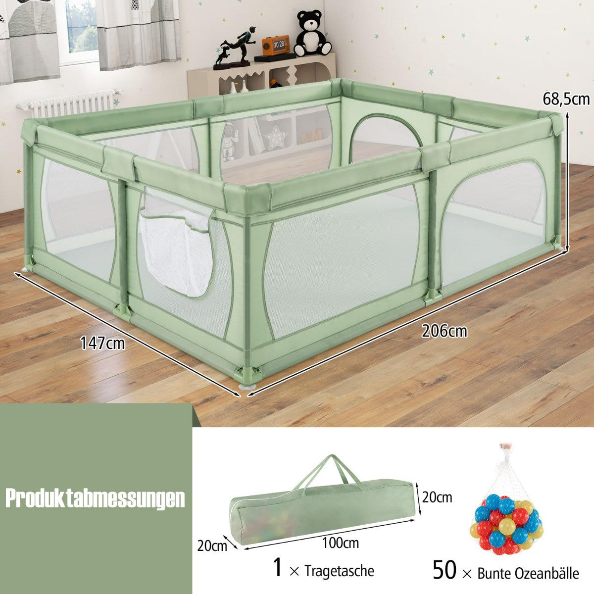 Baby Playpen with 50 Balls & 2 Doors, Breathable Mesh, 205x147 cm