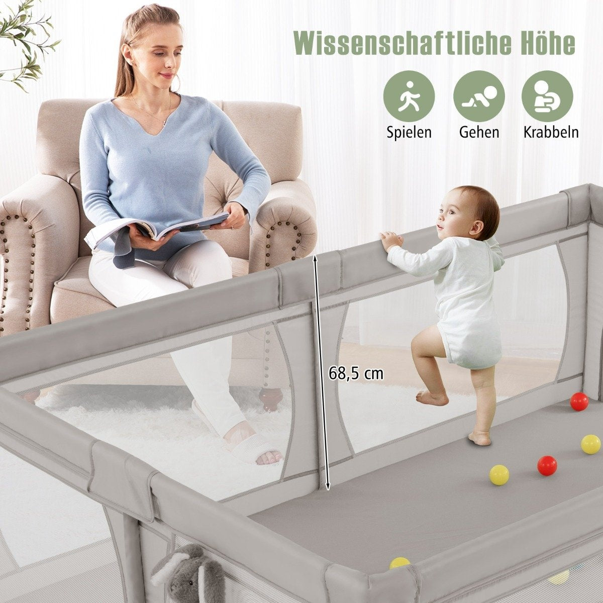Baby Playpen with 50 Balls & 2 Doors & Breathable Net & Zipper Grey