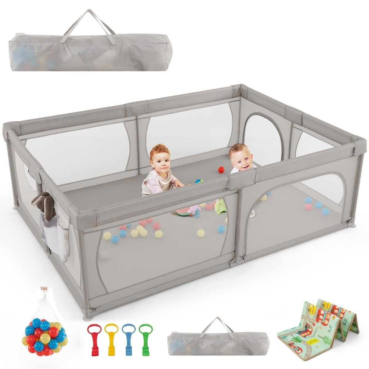 Baby Playpen with 50 Balls & 2 Doors & Breathable Net & Zipper Grey