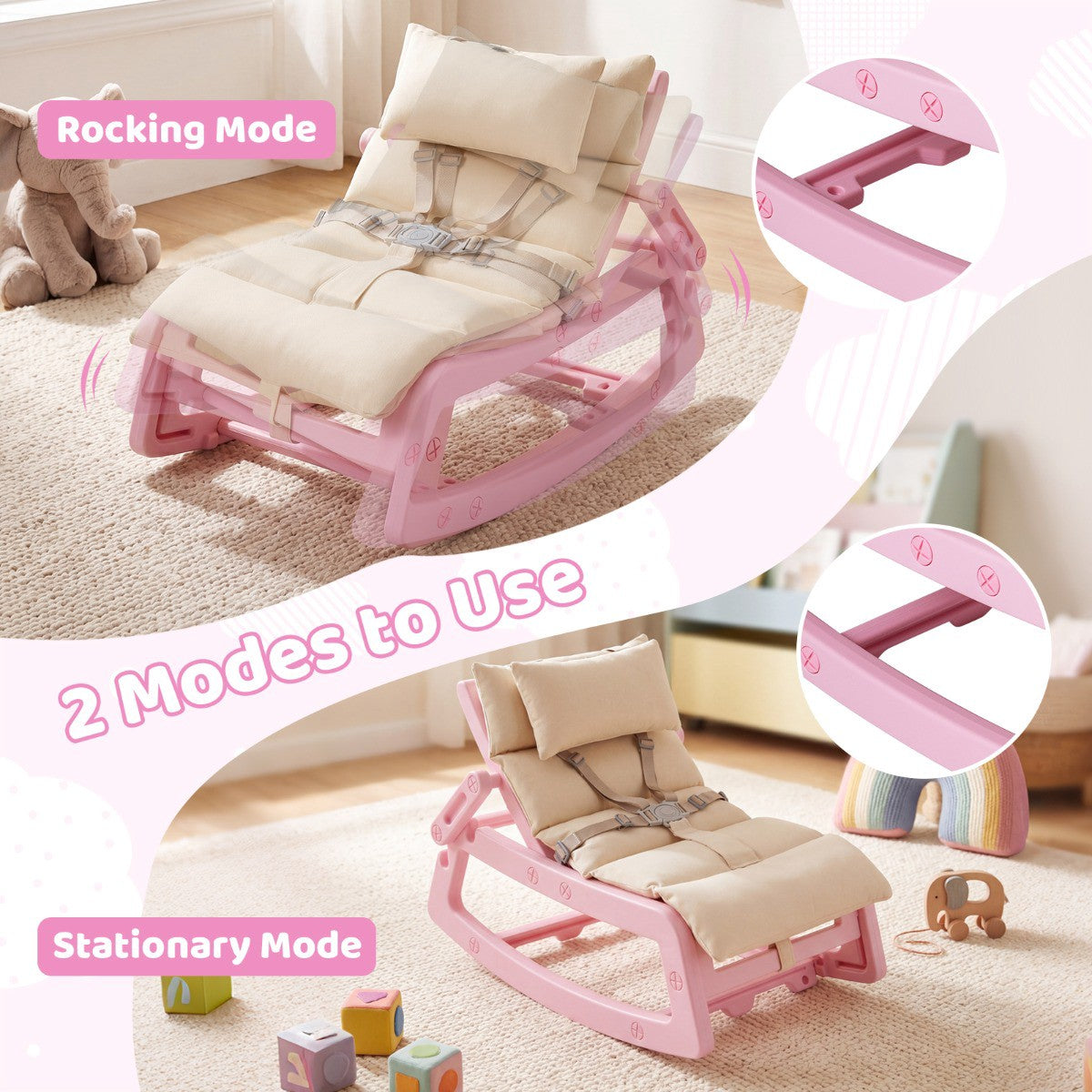 Baby Rocking Chair 2-in-1, 4-Position Recliner, Pink