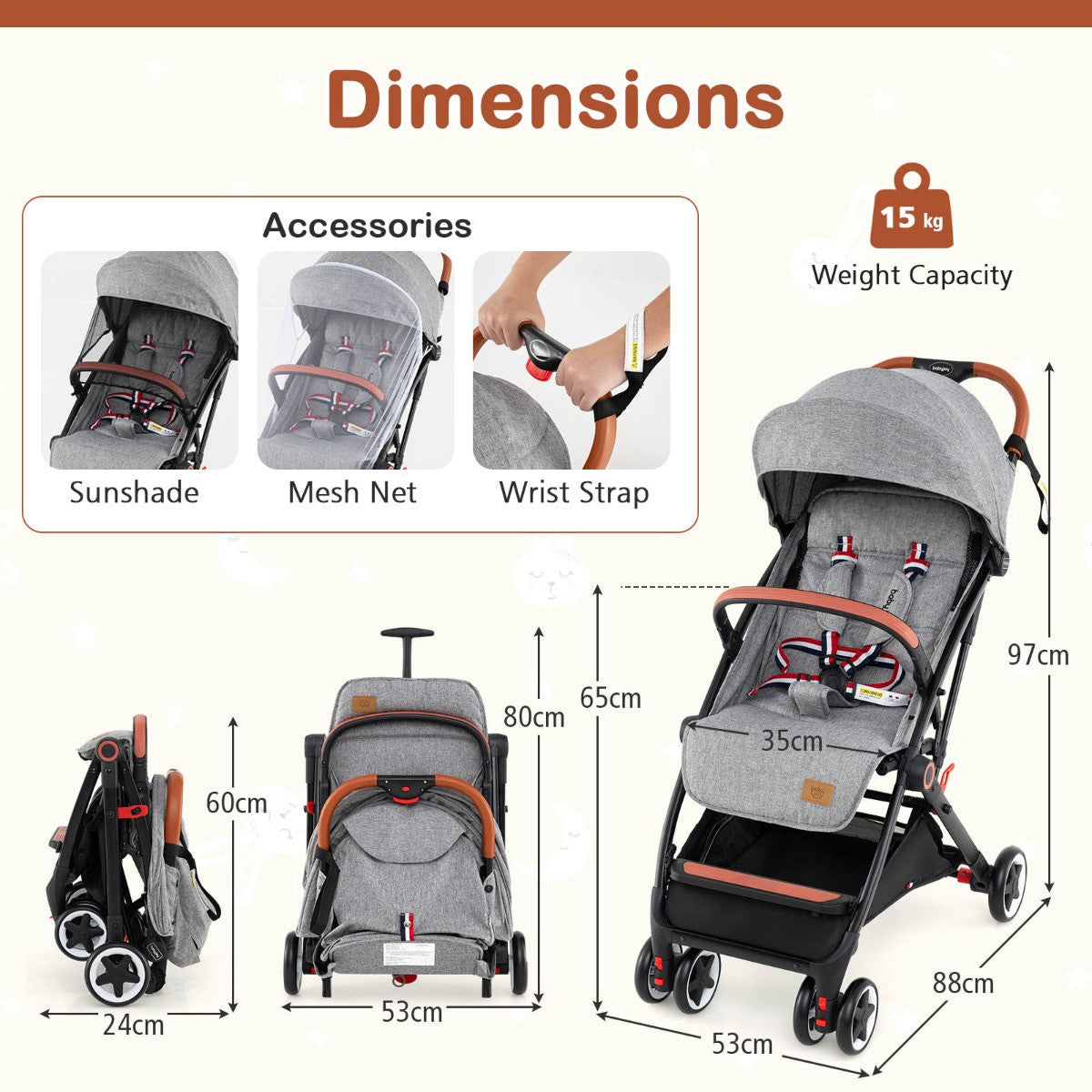 Baby Stroller With Canopy, 95-175 Recline, Gray