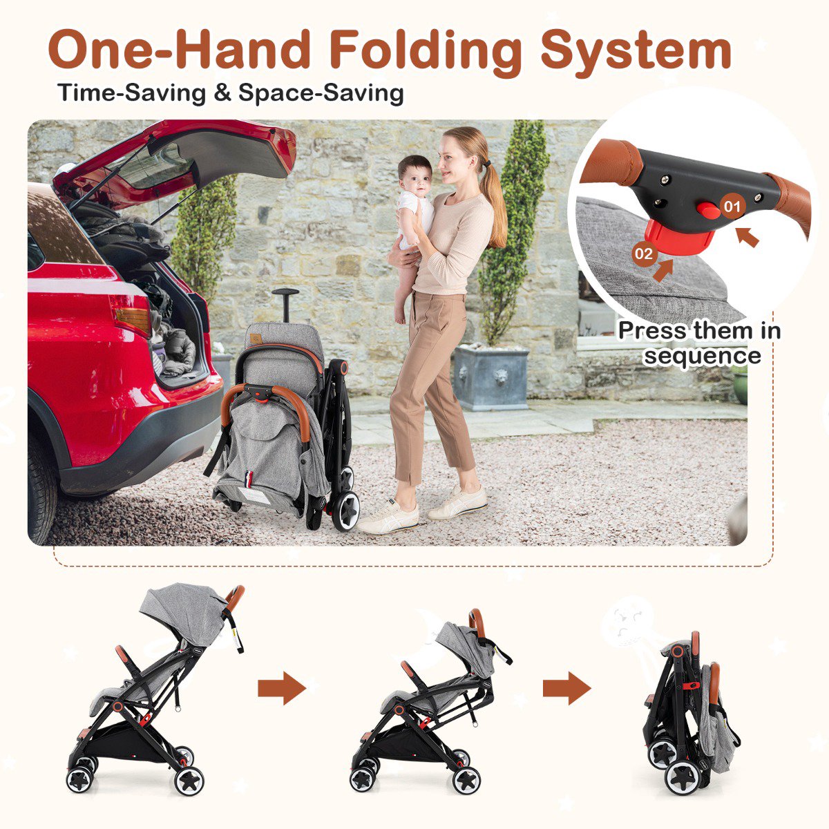Baby Stroller With Canopy, 95-175 Recline, Gray