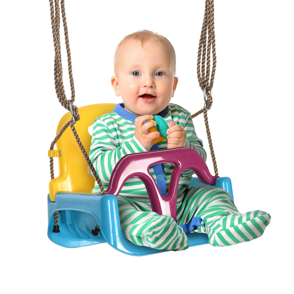 Baby Swing, Children'S Swing With Adjustable Rope, 120-180 Cm Height Adjustable, Swing Seat For Children From 9 Months, Blue + Yellow + Purple