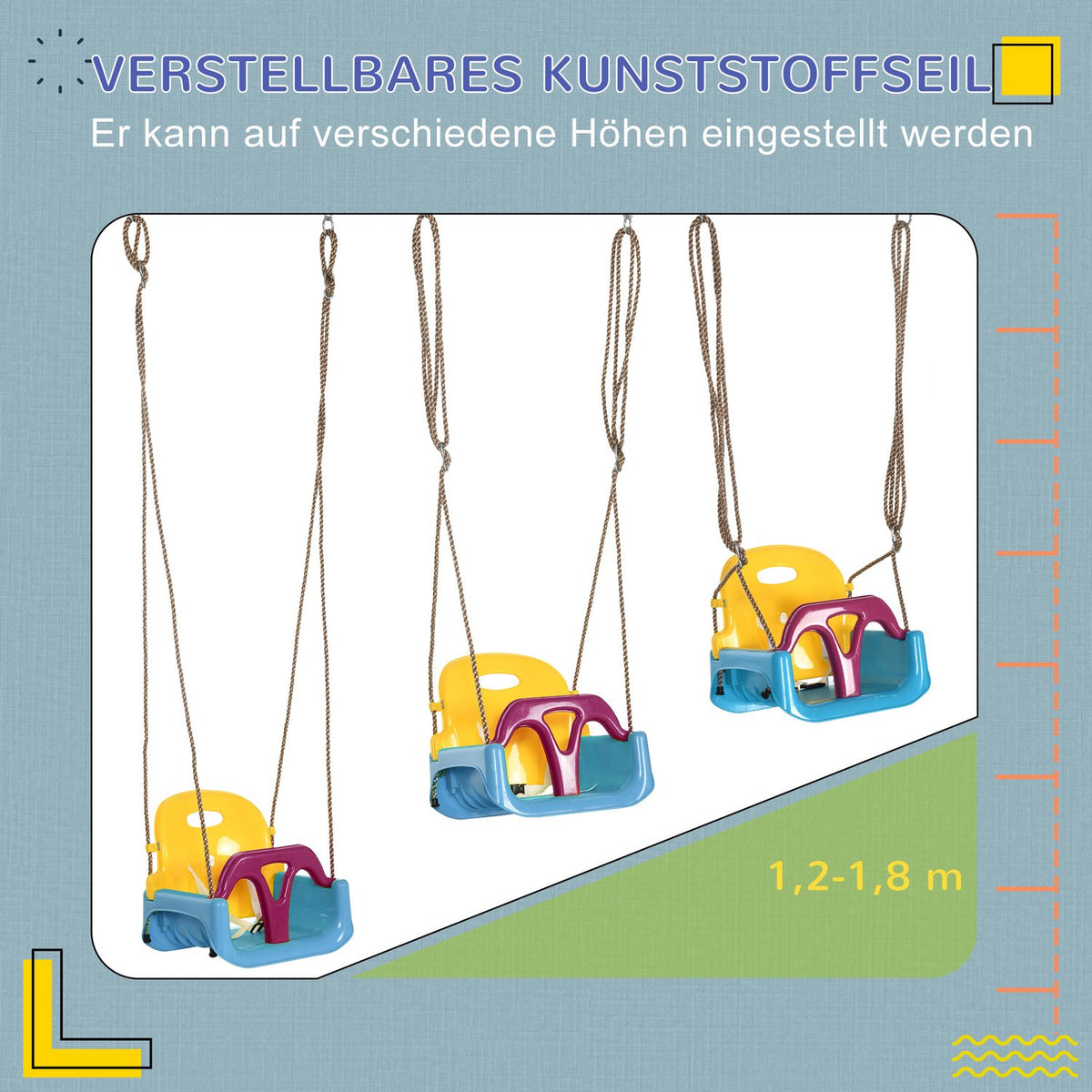 Baby Swing, Children'S Swing With Adjustable Rope, 120-180 Cm Height Adjustable, Swing Seat For Children From 9 Months, Blue + Yellow + Purple
