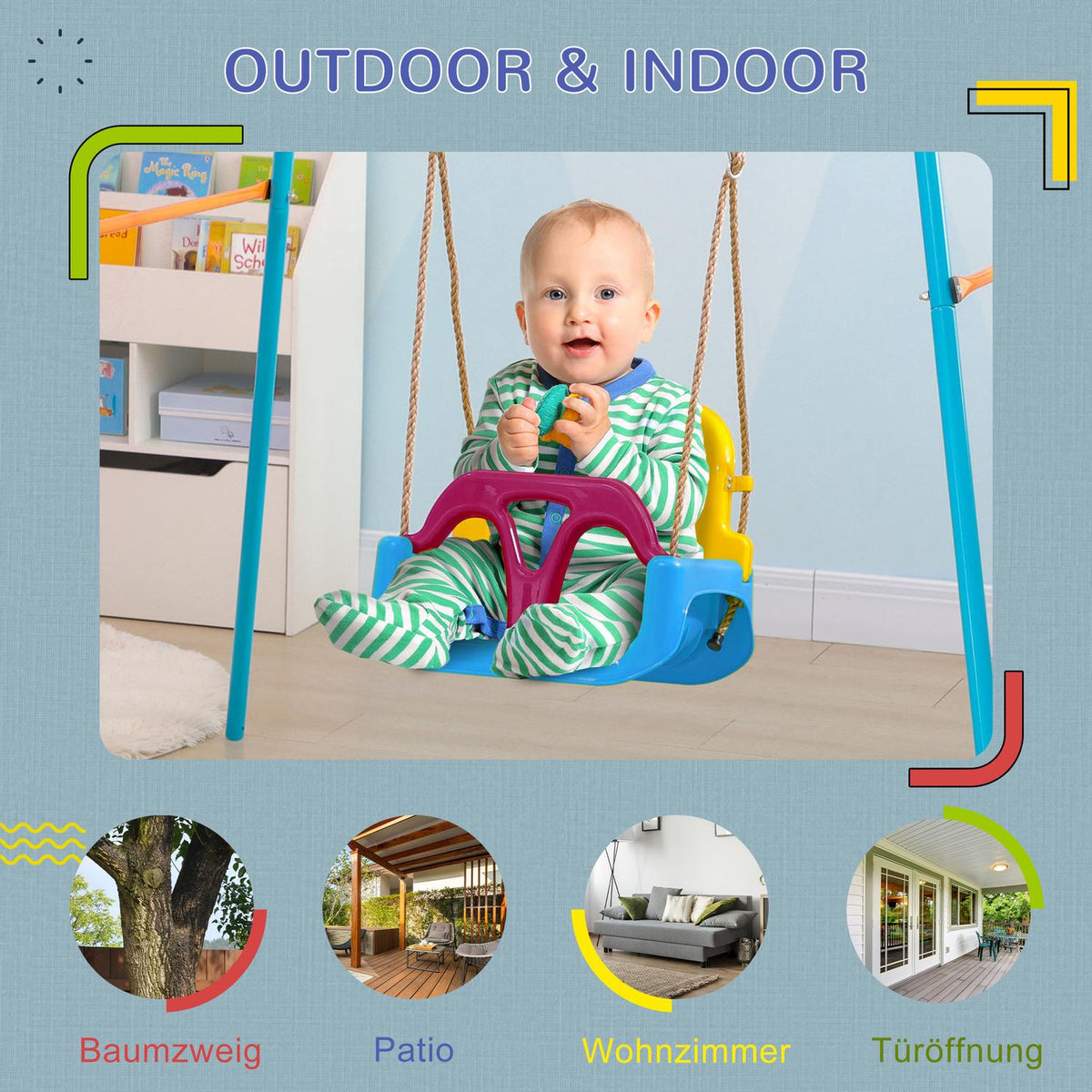 Baby Swing, Children'S Swing With Adjustable Rope, 120-180 Cm Height Adjustable, Swing Seat For Children From 9 Months, Blue + Yellow + Purple
