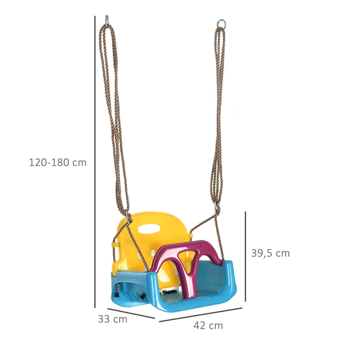 Baby Swing, Children'S Swing With Adjustable Rope, 120-180 Cm Height Adjustable, Swing Seat For Children From 9 Months, Blue + Yellow + Purple