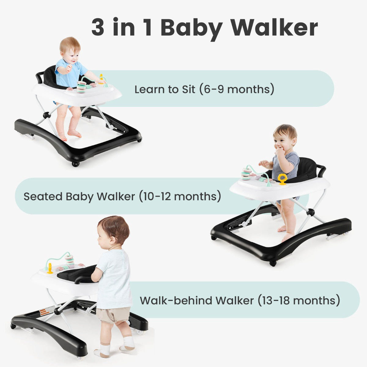 Baby Walker 3-In-1, Foldable, Adjustable Height, Black