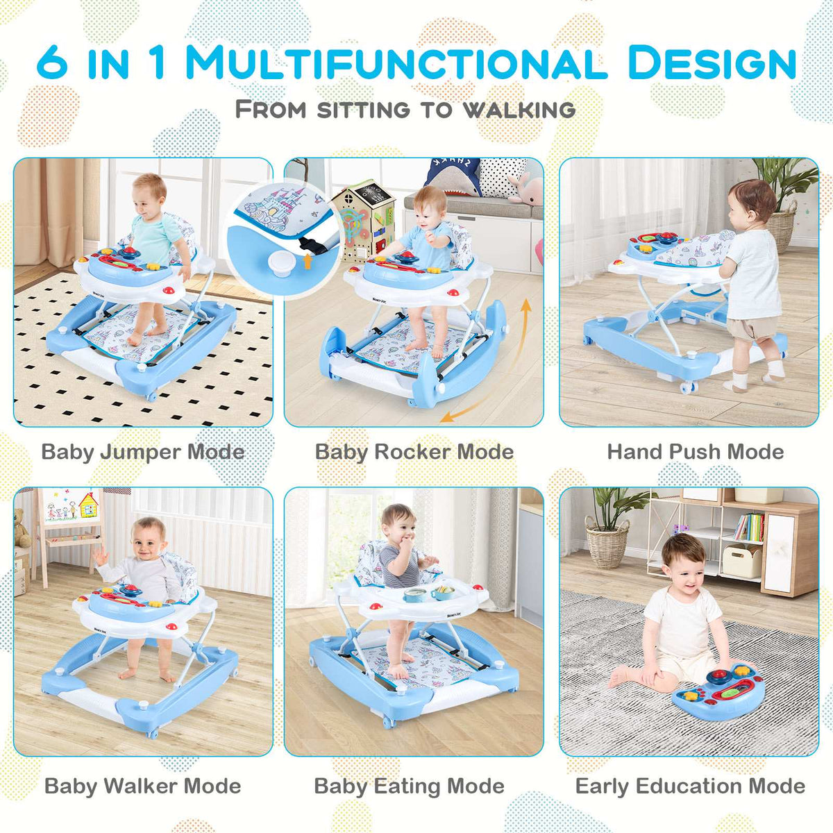 Baby Walker, 6-in-1 Foldable, Adjustable Height, Music Tray