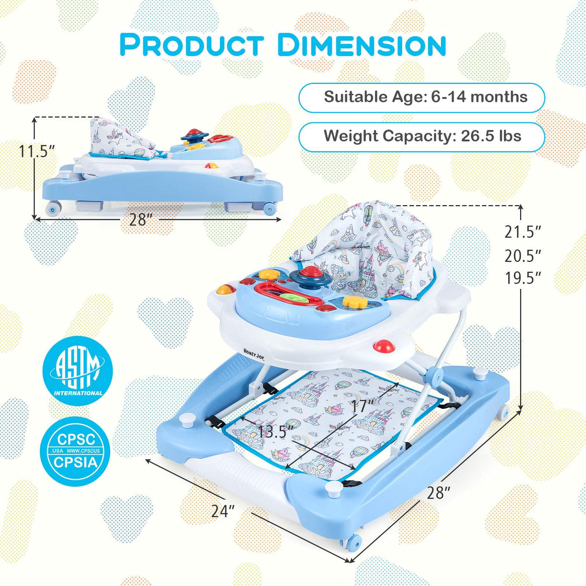 Baby Walker, 6-in-1 Foldable, Adjustable Height, Music Tray
