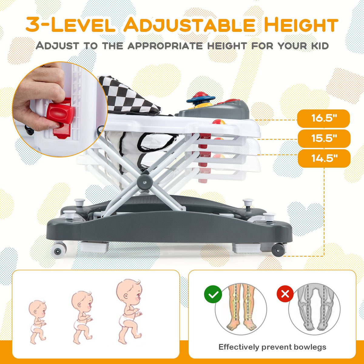 Baby Walker, Foldable 6-in-1, Adjustable Height, Music Tray