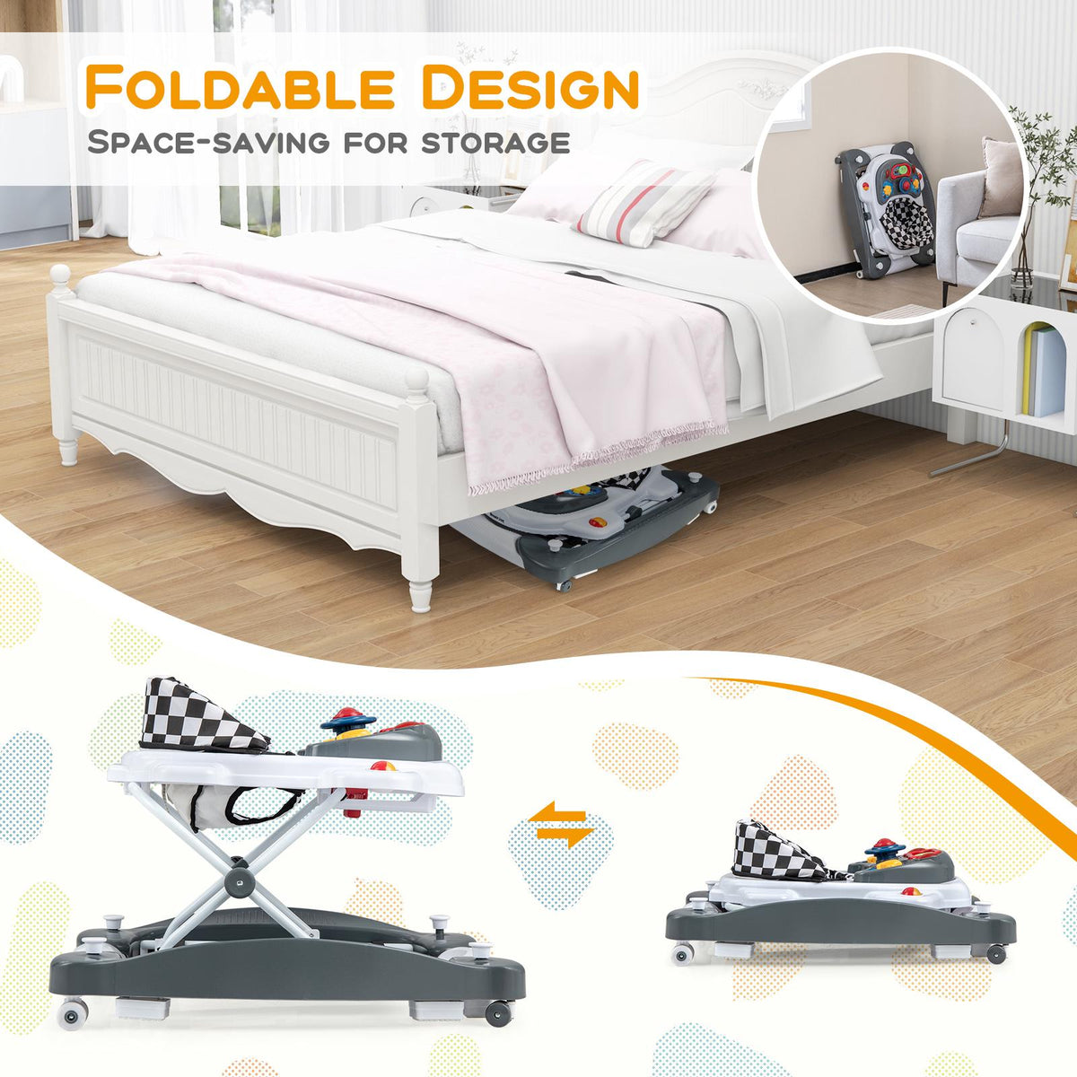 Baby Walker, Foldable 6-in-1, Adjustable Height, Music Tray