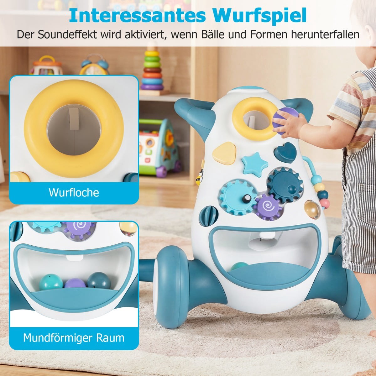 Baby Walker with Music & Lights, Montessori Games, Blue