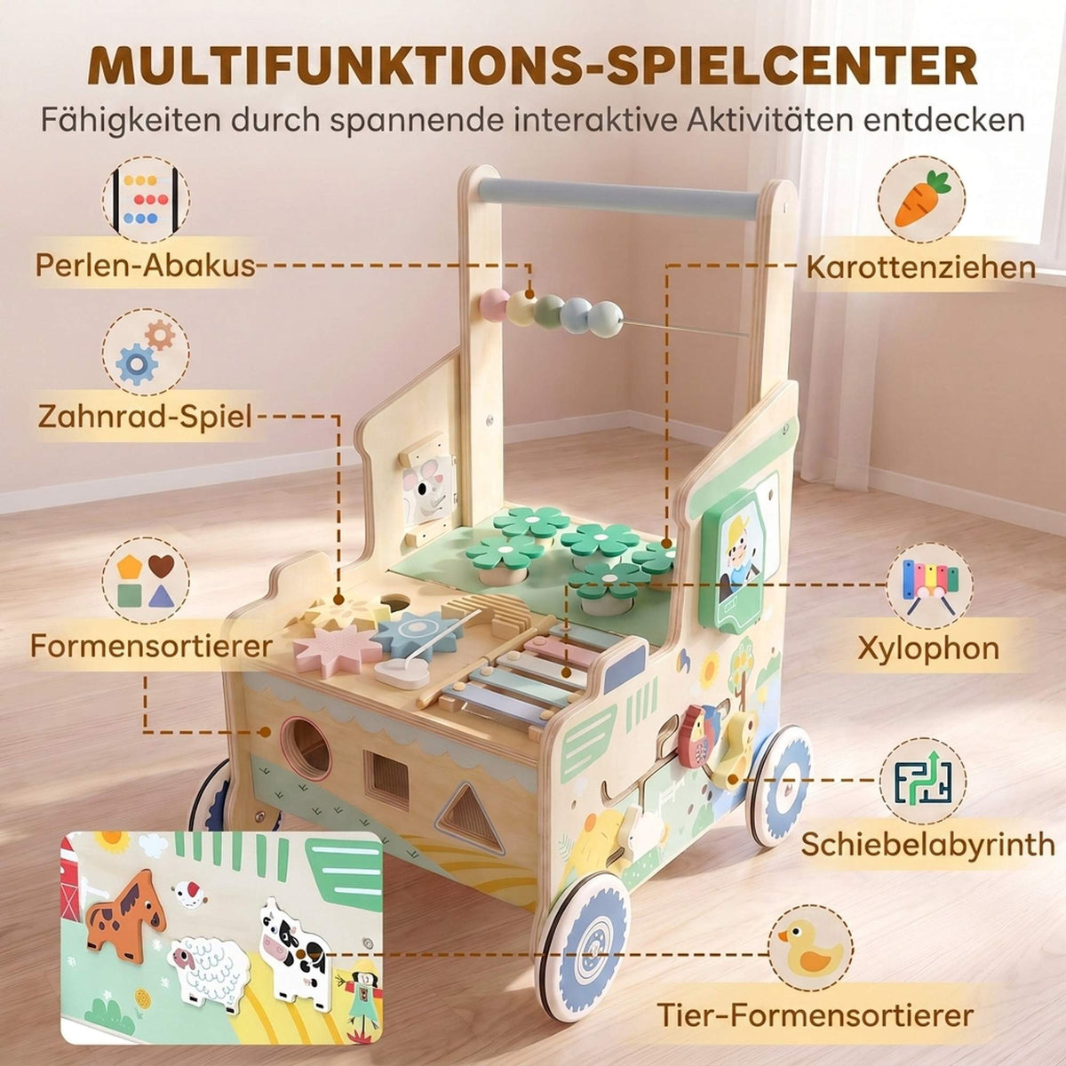 Baby Walker with Wheels, Storage, Montessori Activity Center