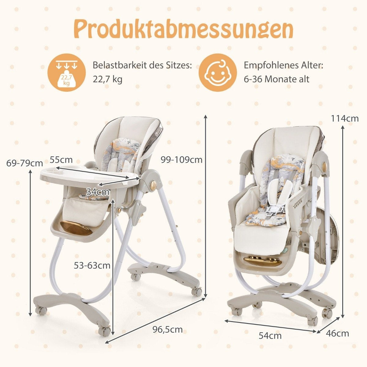 Baby high chair folding baby chair with reclining function wheels & double tray 96.5 x 55 x 99-109 cm gray
