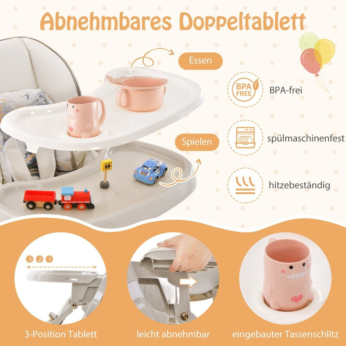 Baby high chair folding baby chair with reclining function wheels & double tray 96.5 x 55 x 99-109 cm gray
