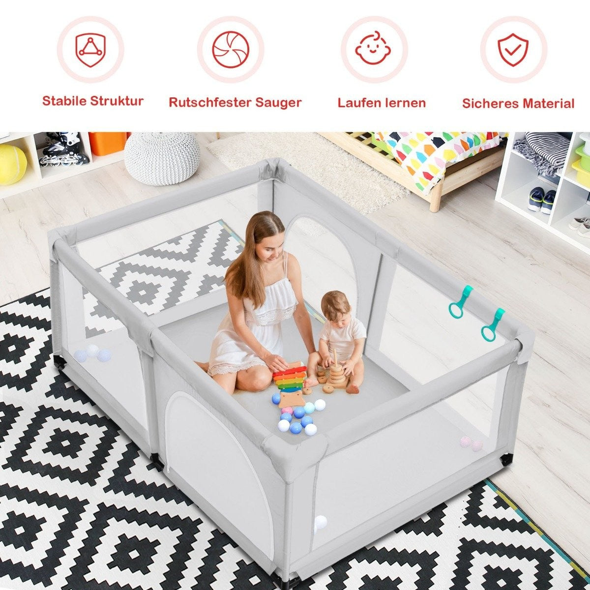 Baby playpen with 50 play balls playpen with net and zipper 120 x 190 cm gray