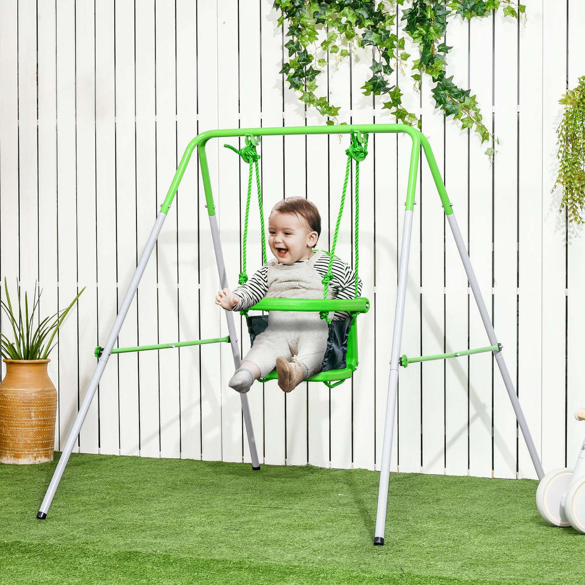 Baby swing toddler swing garden swing with safety bar & seat belt for 6-36 months 122 x 146 x 122 cm in green