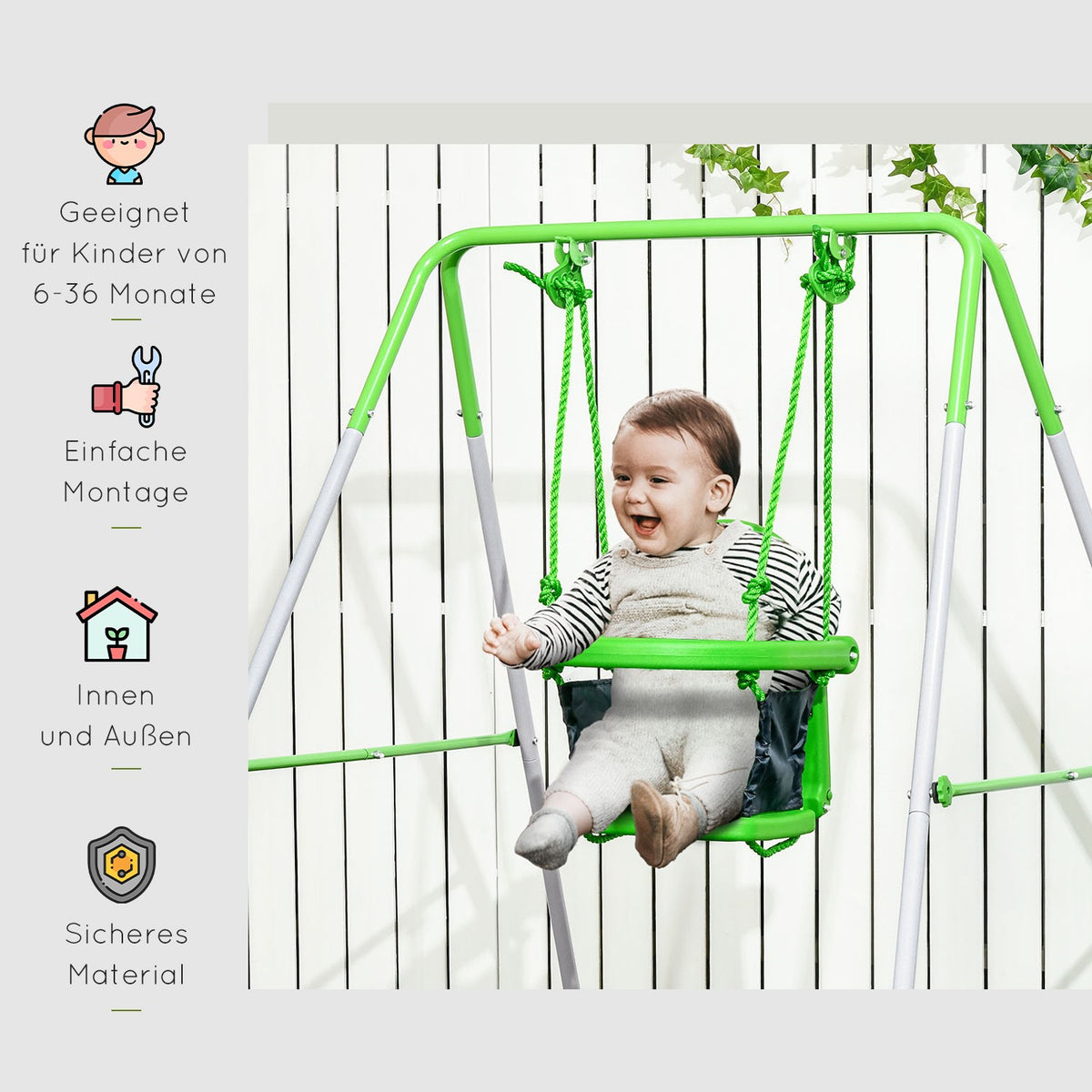 Baby swing toddler swing garden swing with safety bar & seat belt for 6-36 months 122 x 146 x 122 cm in green
