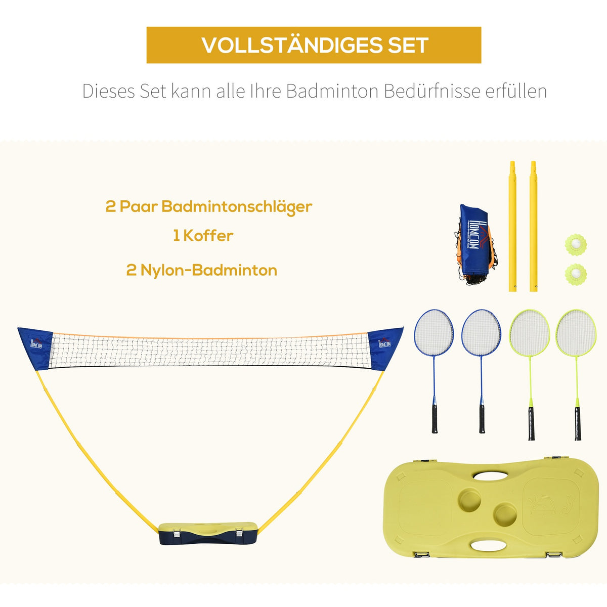 Badminton Net With Stand, Badminton Net Stand, Portable Net Stand, Badminton Net With 4 Badminton Rackets, Outdoor Sports, Yellow+Blue