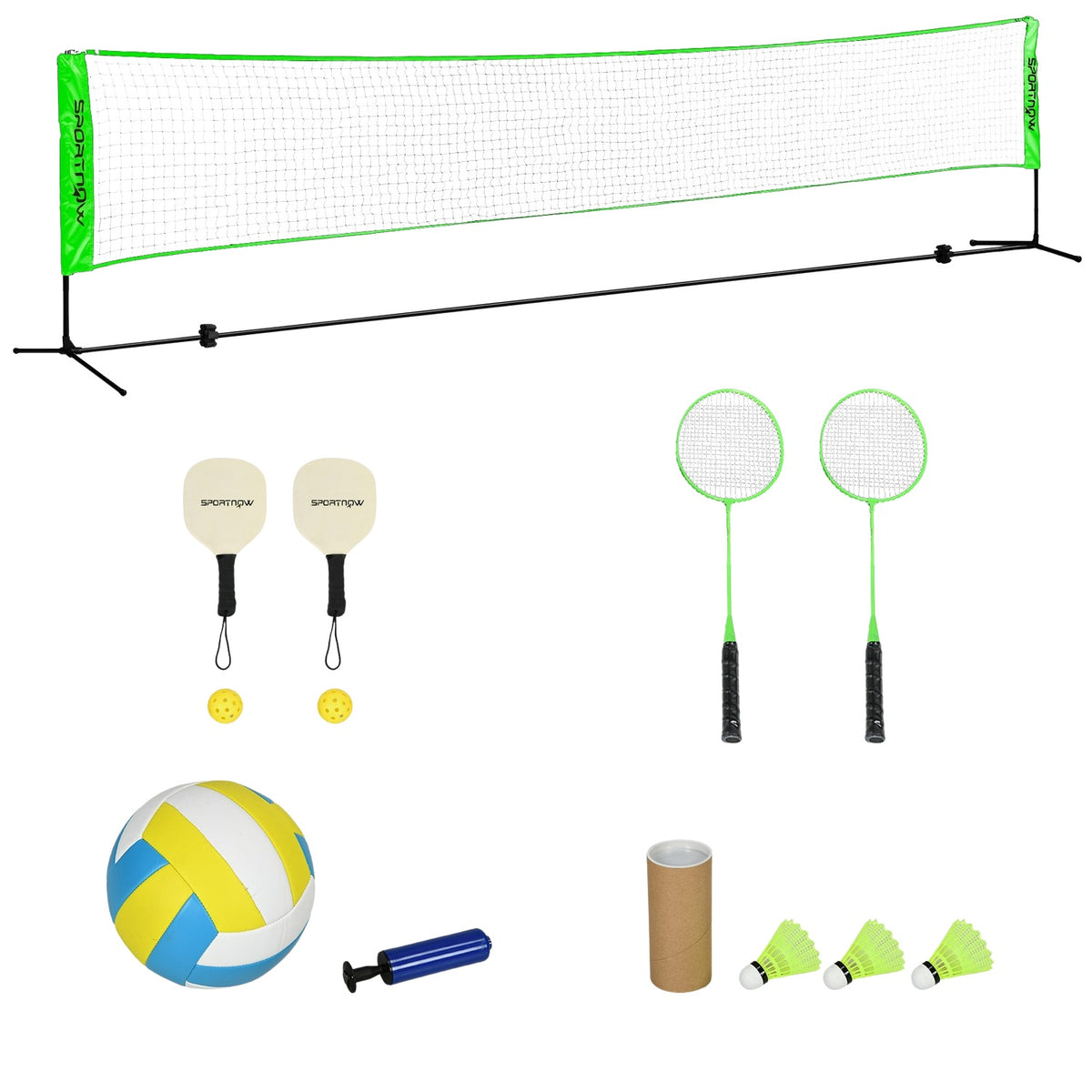 Badminton set, badminton net with stand, shuttlecocks, 4 rackets, adjustable volleyball net, with carry bag, for indoor, outdoor