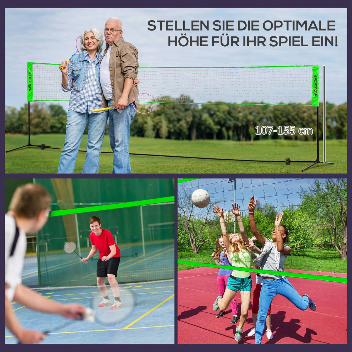 Badminton set, badminton net with stand, shuttlecocks, 4 rackets, adjustable volleyball net, with carry bag, for indoor, outdoor