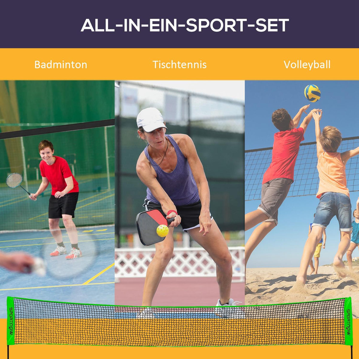 Badminton set, badminton net with stand, shuttlecocks, 4 rackets, adjustable volleyball net, with carry bag, for indoor, outdoor