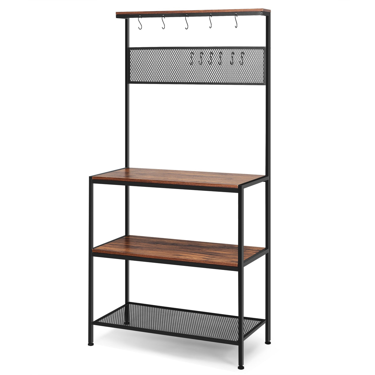 Baker's Rack, 4-Tier Shelving with Hooks and Mesh Panel
