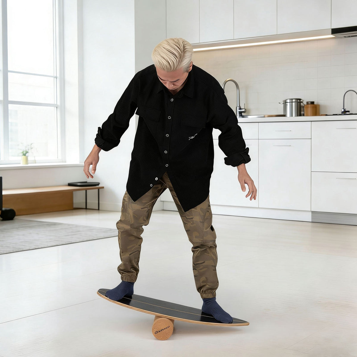 Balance Board Set – Cork Roller and Storage Rack, 330 lb