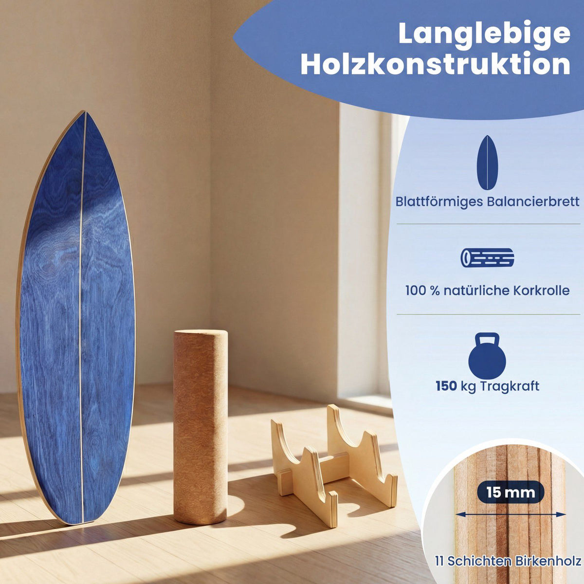 Balance Board Set with Cork Roller, Birch Wood, Blue