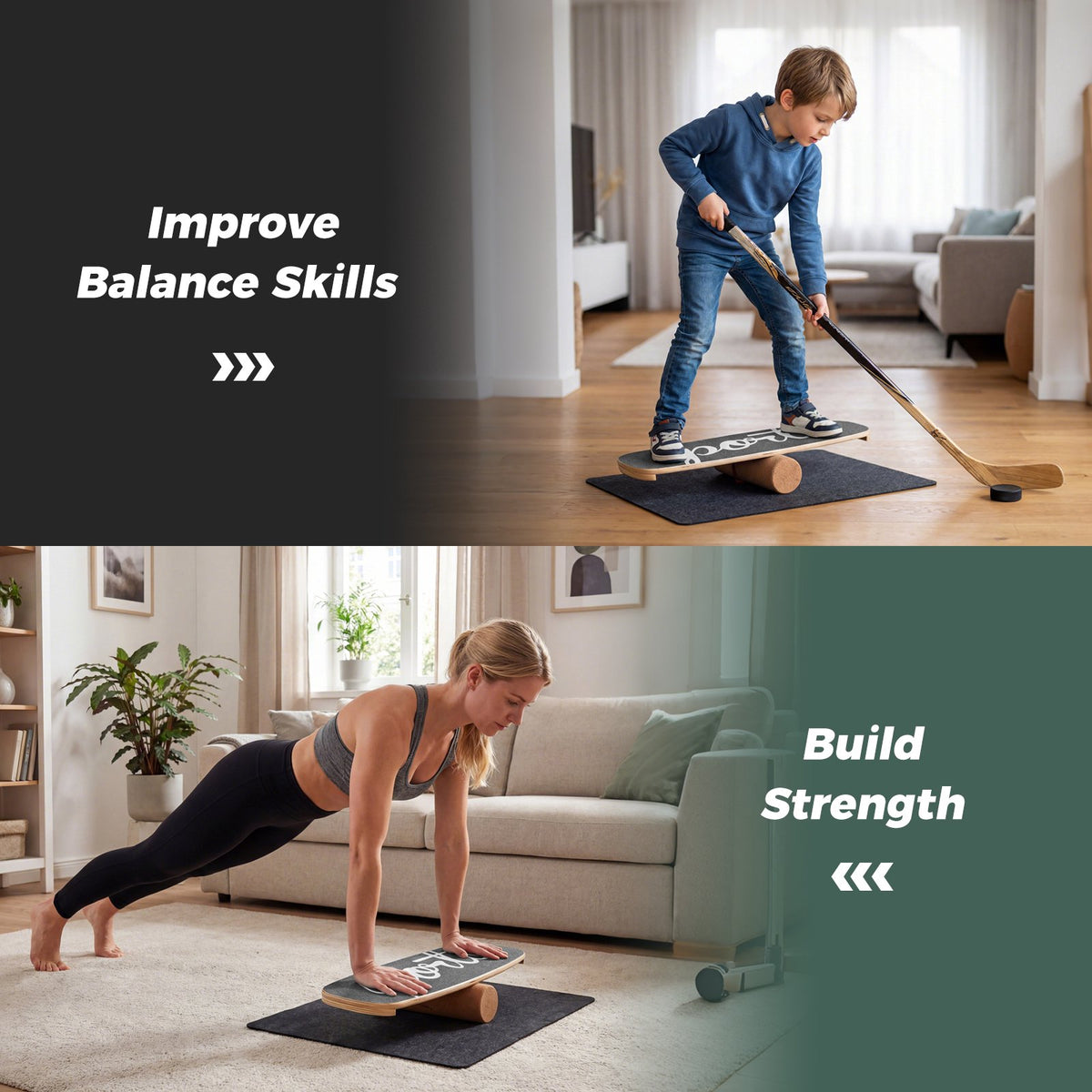 Balance Board Trainer with Cork Roller, Stoppers, 73x27 cm