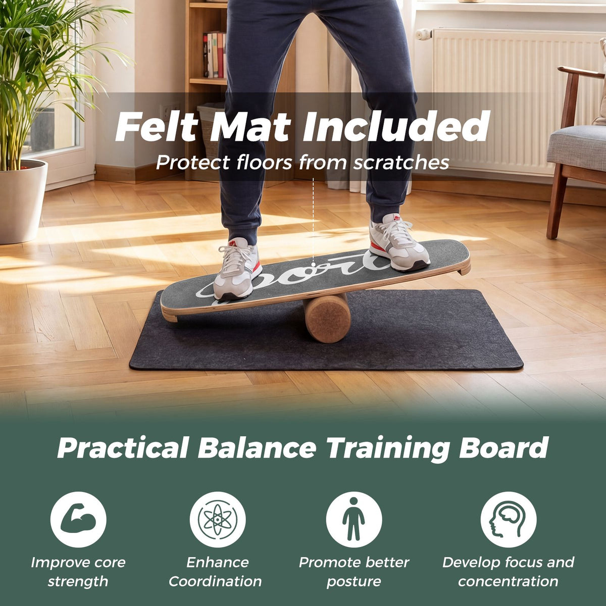 Balance Board Trainer with Cork Roller, Stoppers, 73x27 cm