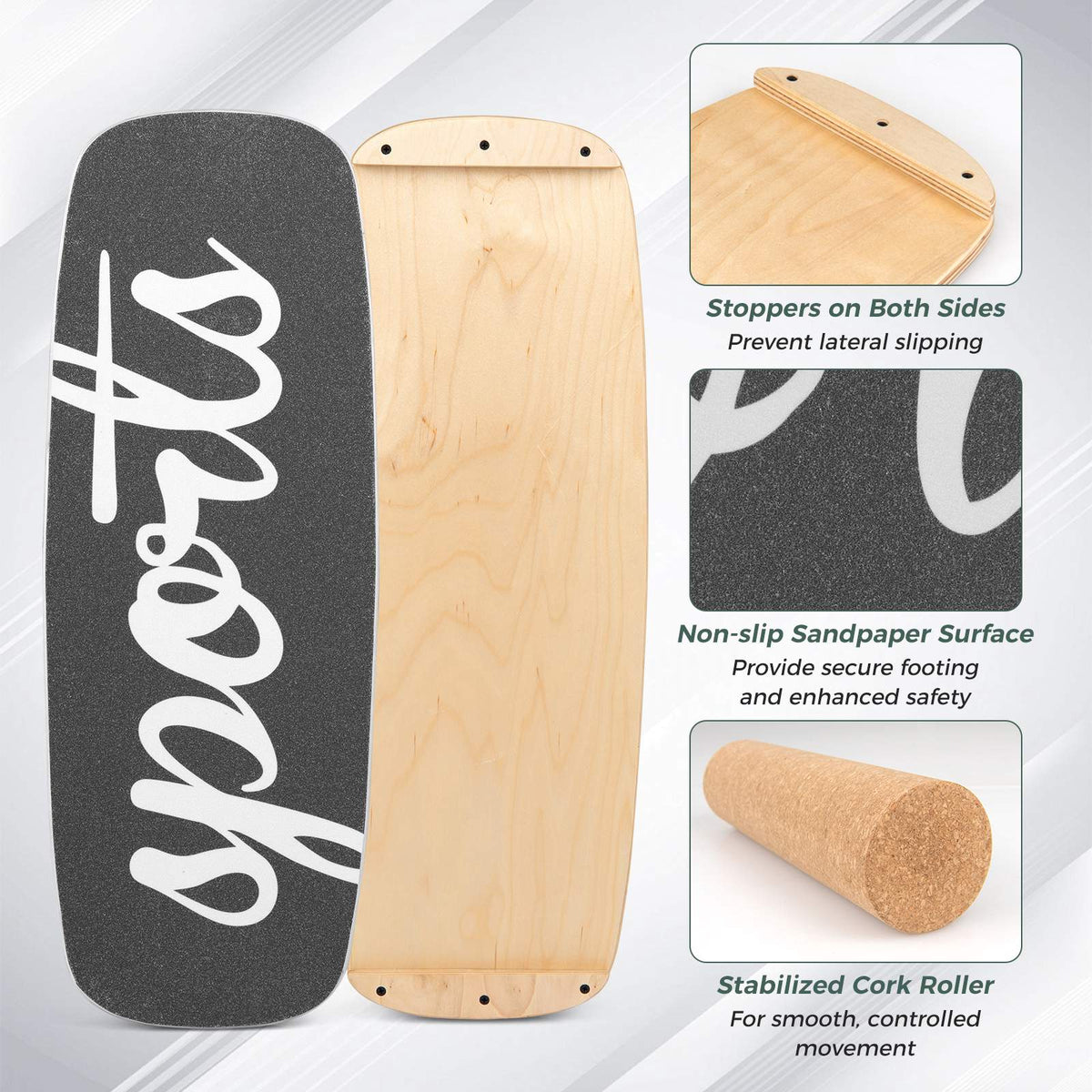Balance Board Trainer with Cork Roller, Stoppers, 73x27 cm